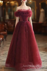 Wine Red Tulle Sequins Long Off Shoulder Party Dresses, Wine Red Tulle Evening Prom Dresses